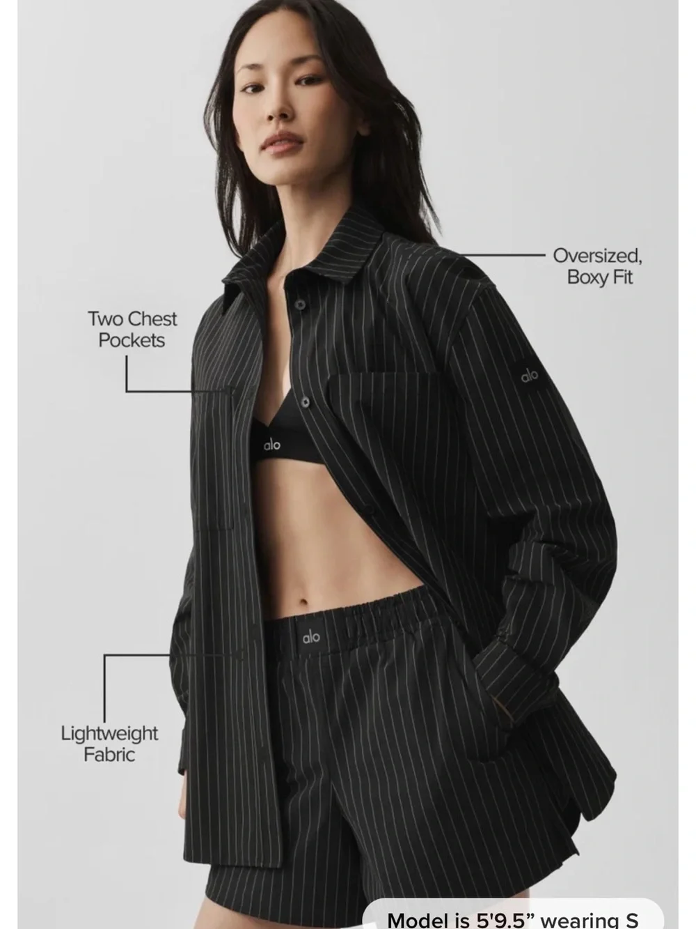 ALO Yoga Pinstripe Daylight Button Down Long Sleeve Black